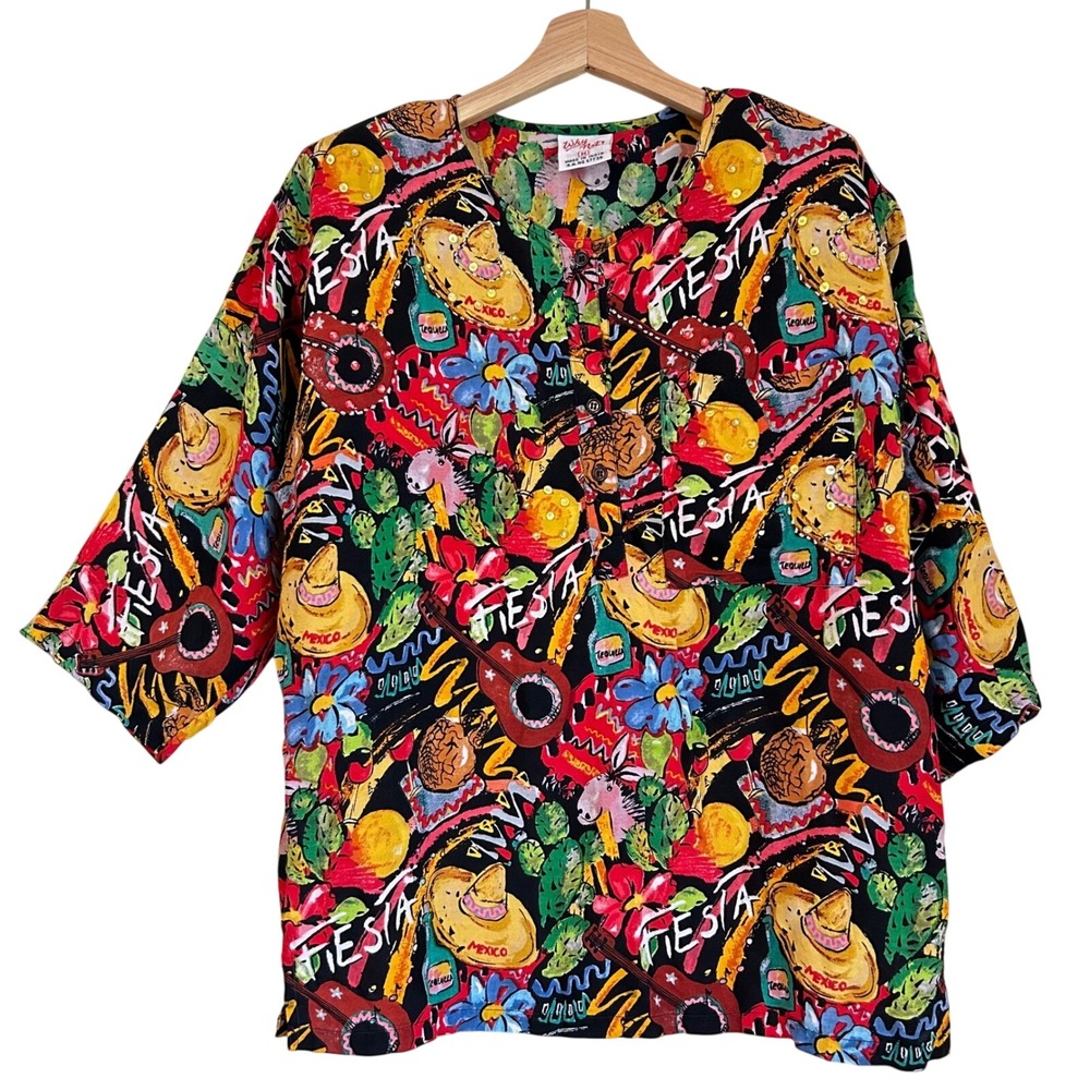 Why Not!‎ Vintage Fiesta Novelty Print Rayon Beaded Top Womens Medium Multicolor